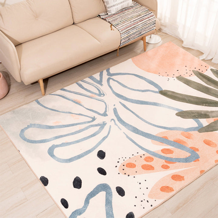 BowLift | Nordic Palm Leaf Drawing Rug White Polypropylene Rug Pet Friendly Stain Resistant Non-Slip Back Rug for Girls Room