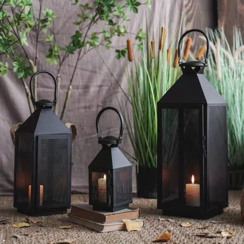 Decorative Mesh Metal Candle Lantern Trio with Hinged Door and Carry Handle Bowlift