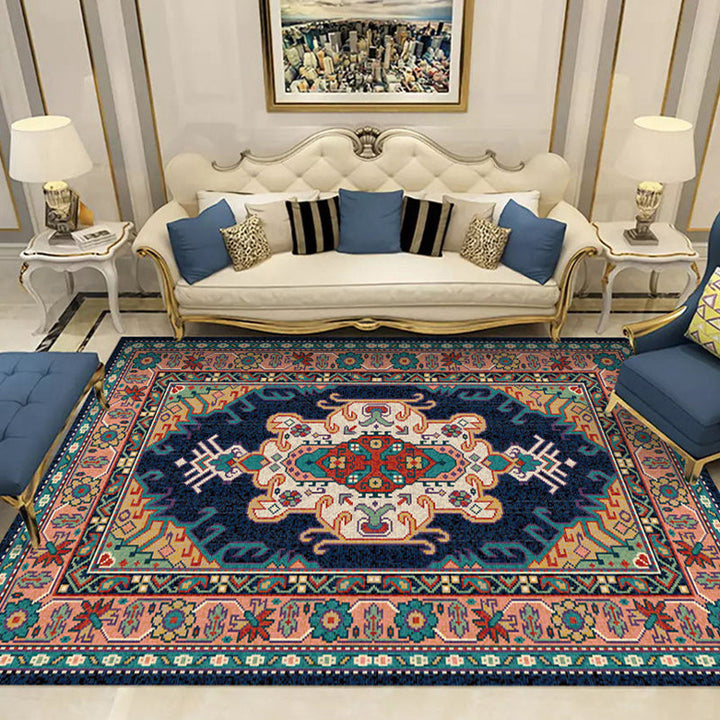 Multicolored geometric patterned rug polypropylene retro rug with non-slip backing pet-friendly rug for home | Bowlift