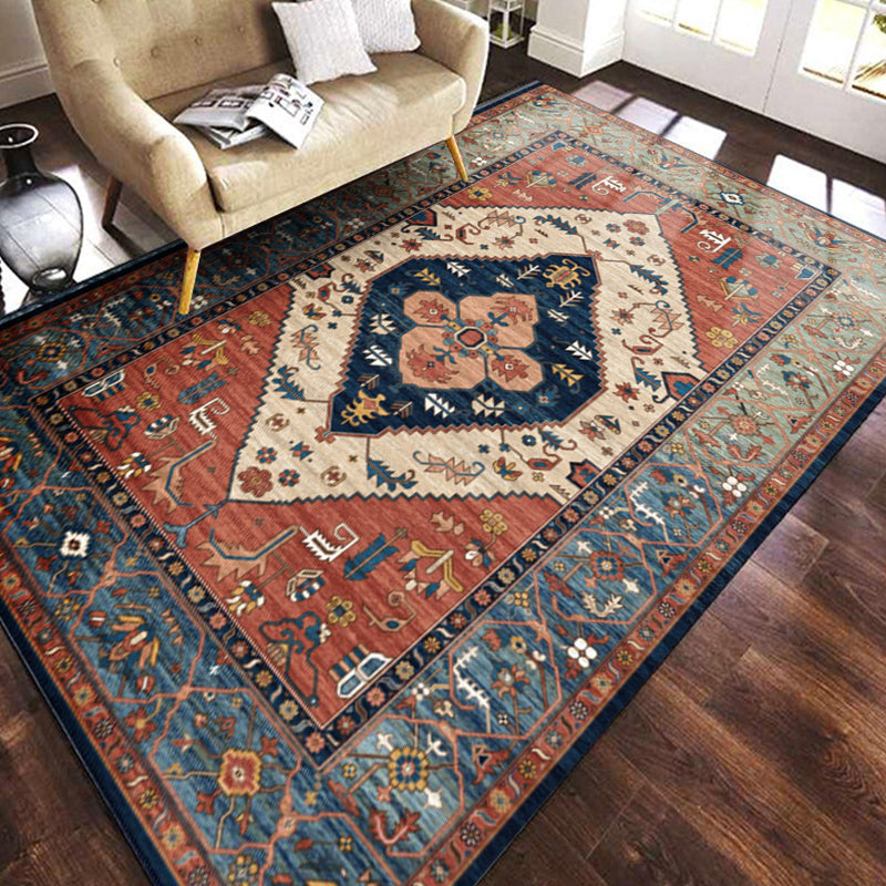 Multicolored geometric patterned rug polypropylene retro rug with non-slip backing pet-friendly rug for home | Bowlift