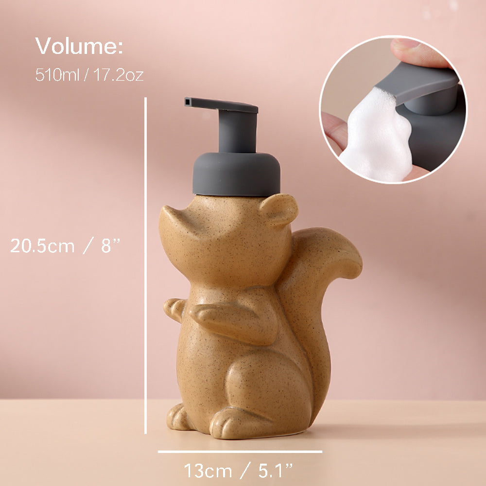 BowLift | Ceramic Soap Dispenser, Squirrel Foam Pump Bathroom Bottle, Animal Design, Refillable Reusable Lotion Pump for Bathroom Kitchen, 510ml/17.2oz