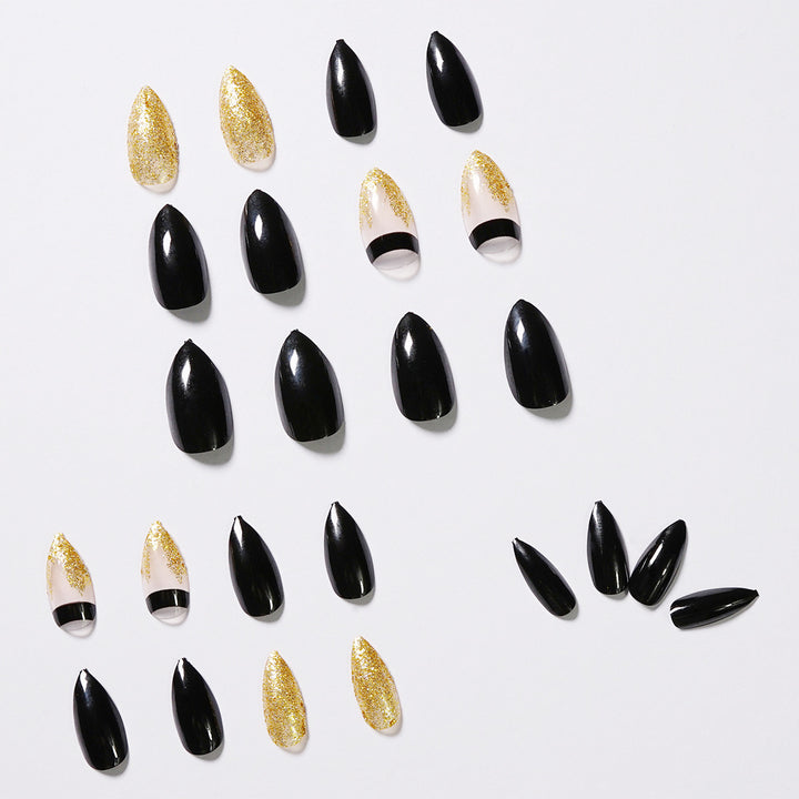 Artistic Nail Extensions with Black Gloss and Elegant Accents Bowlift