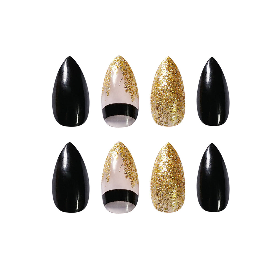 Artistic Nail Extensions with Black Gloss and Elegant Accents Bowlift