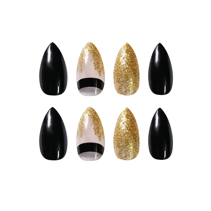 Artistic Nail Extensions with Black Gloss and Elegant Accents Bowlift