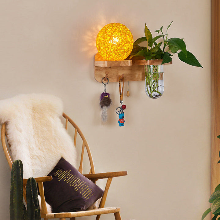 BowLift | 1-Light Rattan Wall Lamp Nordic Ball Living Room Wall Lamp with Pull Chain and Plant Pot