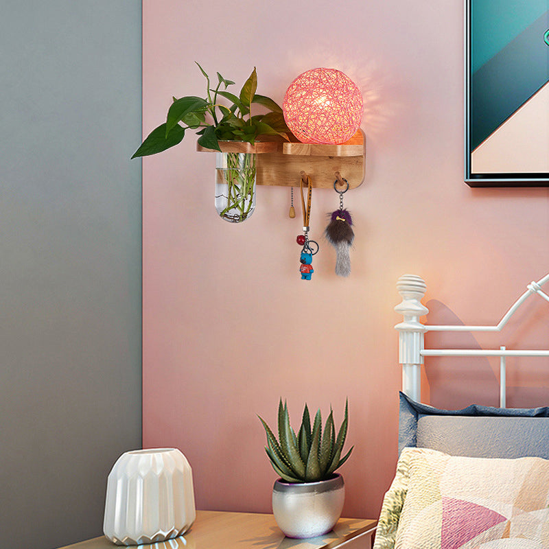 BowLift | 1-Light Rattan Wall Lamp Nordic Ball Living Room Wall Lamp with Pull Chain and Plant Pot