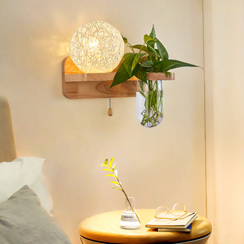 BowLift | 1-Light Rattan Wall Lamp Nordic Ball Living Room Wall Lamp with Pull Chain and Plant Pot
