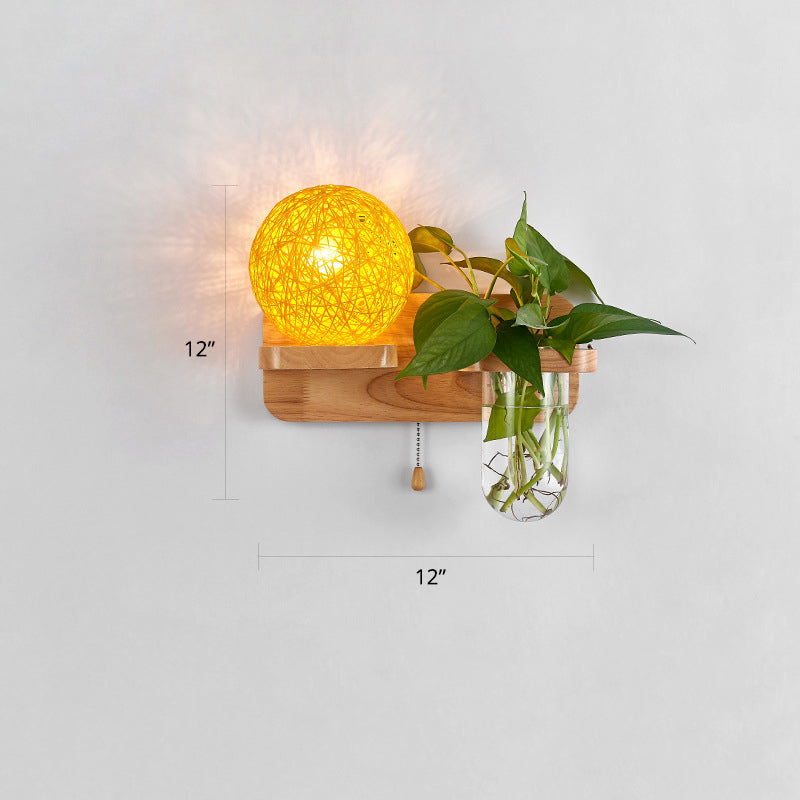 BowLift | 1-Light Rattan Wall Lamp Nordic Ball Living Room Wall Lamp with Pull Chain and Plant Pot