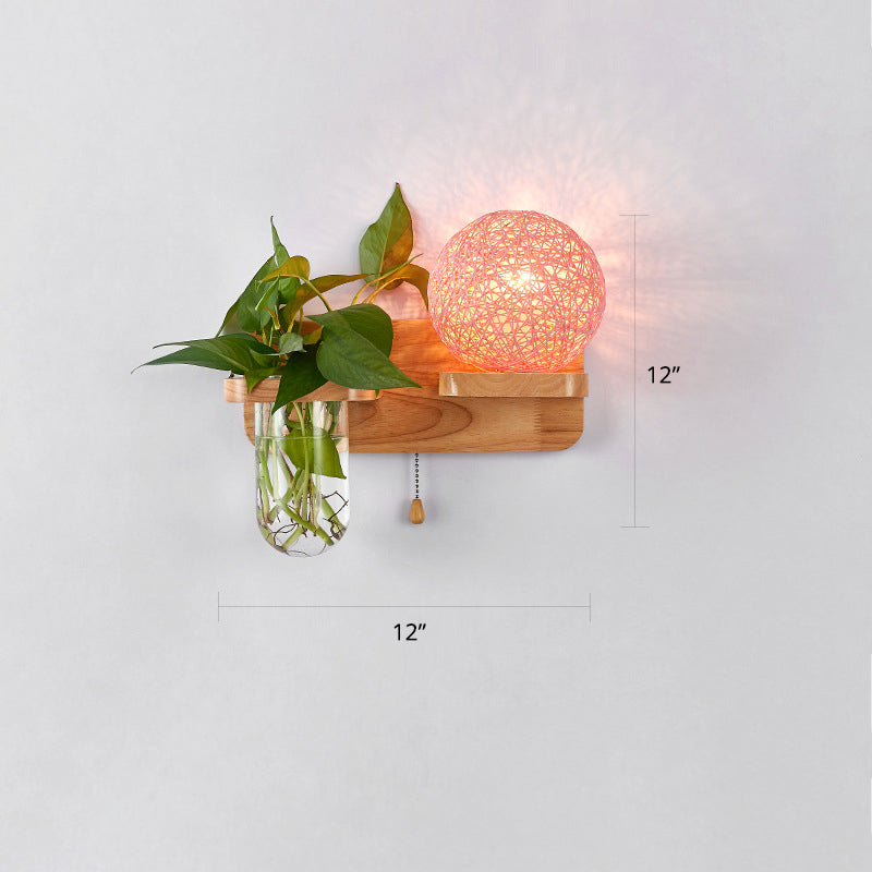 BowLift | 1-Light Rattan Wall Lamp Nordic Ball Living Room Wall Lamp with Pull Chain and Plant Pot