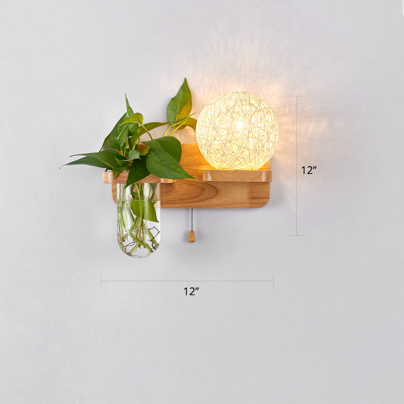 BowLift | 1-Light Rattan Wall Lamp Nordic Ball Living Room Wall Lamp with Pull Chain and Plant Pot