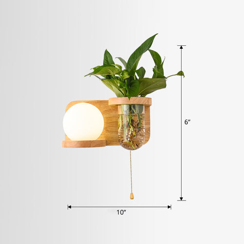BowLift | Milk Glass Ball Wall Lighting Nordic 1-Light Nightstand Pull Cord Wall Lamp with Wooden Shelf and Planter