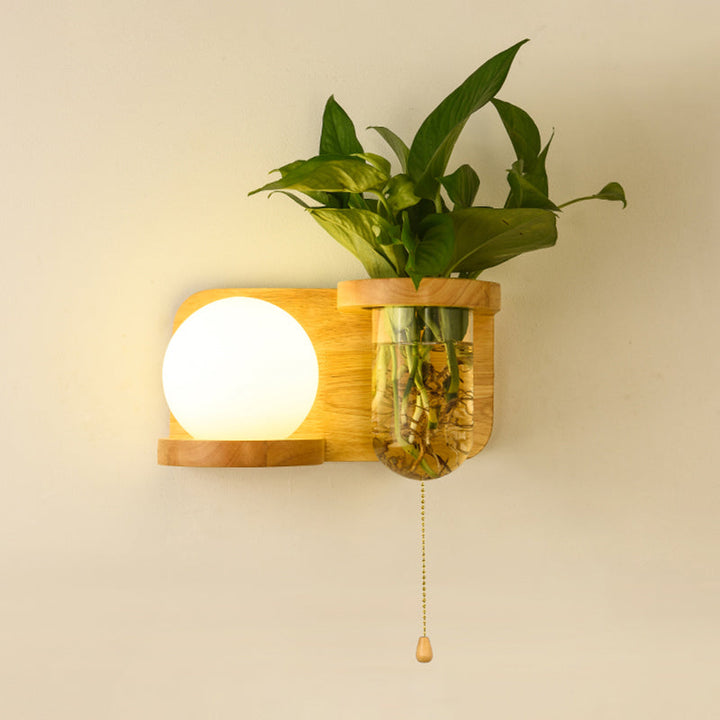 BowLift | Milk Glass Ball Wall Lighting Nordic 1-Light Nightstand Pull Cord Wall Lamp with Wooden Shelf and Planter
