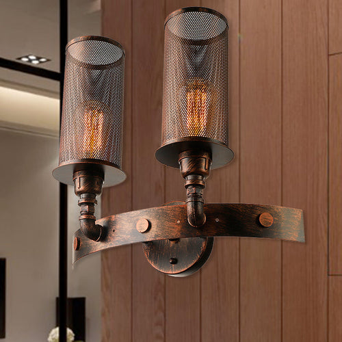 BowLift | Antique style double cylinder wall lamp with mesh shade 2 lights wrought iron wall mount lamp in aged copper