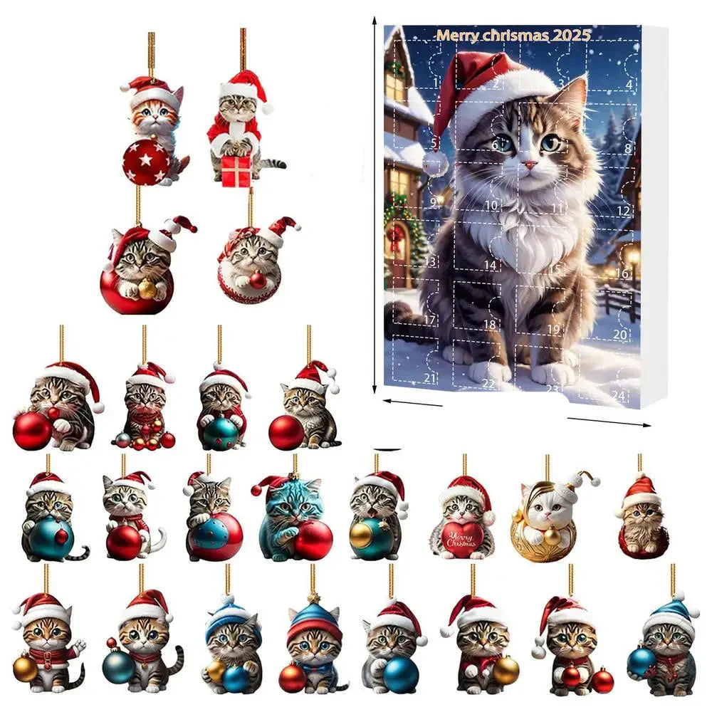 BowLift | 24-piece Cat Christmas Ornaments Set of Durable Acrylic for Advent Calendar Decoration