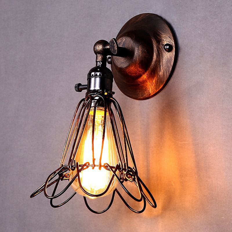 BowLift | Rotatable Bronze 1-Light Wall Lamp Industrial Iron Cage Style Flower Wall Mount Light for Bar