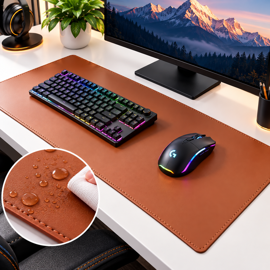 Large PU Leather Desk Mat with Non-Slip Backing and Stitched Edges Bowlift