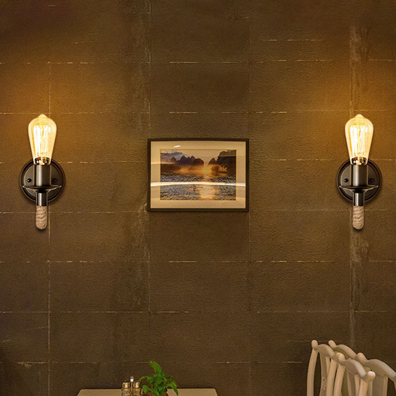 BowLift | Black outdoor bulb wall lighting country metal single-track wall lamp with rope-wrapped arm
