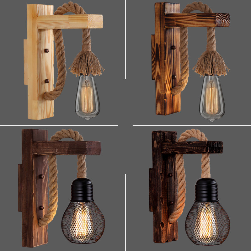 BowLift | Wooden L-shaped Wall Support Lantern Farmhouse 1 Lamp Bedroom Wall Lamp with Rope Arm