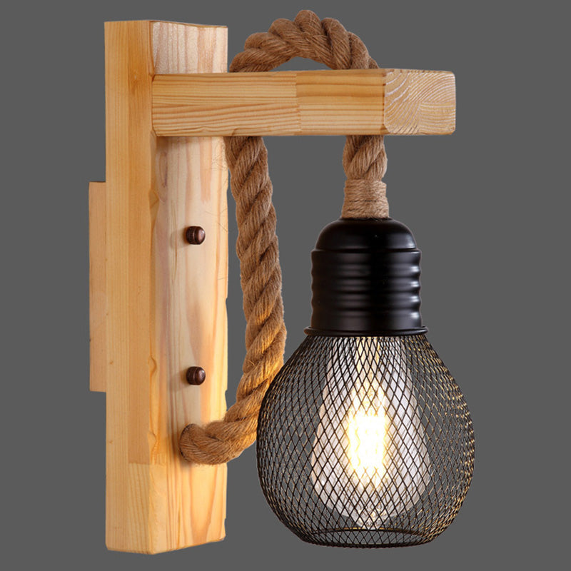 BowLift | Wooden L-shaped Wall Support Lantern Farmhouse 1 Lamp Bedroom Wall Lamp with Rope Arm
