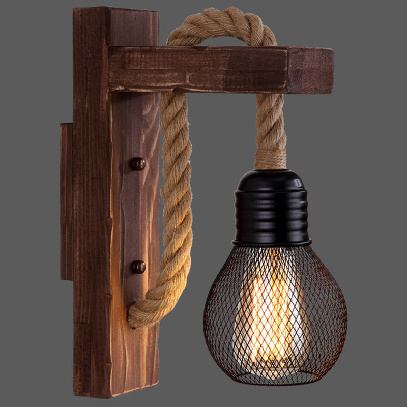 BowLift | Wooden L-shaped Wall Support Lantern Farmhouse 1 Lamp Bedroom Wall Lamp with Rope Arm