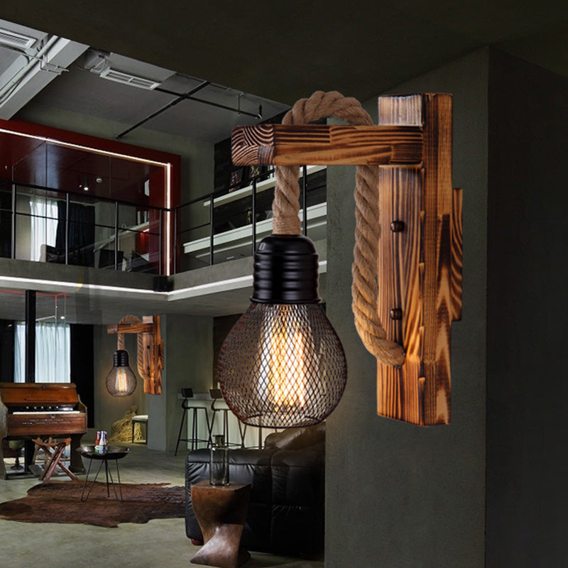 BowLift | Wooden L-shaped Wall Support Lantern Farmhouse 1 Lamp Bedroom Wall Lamp with Rope Arm