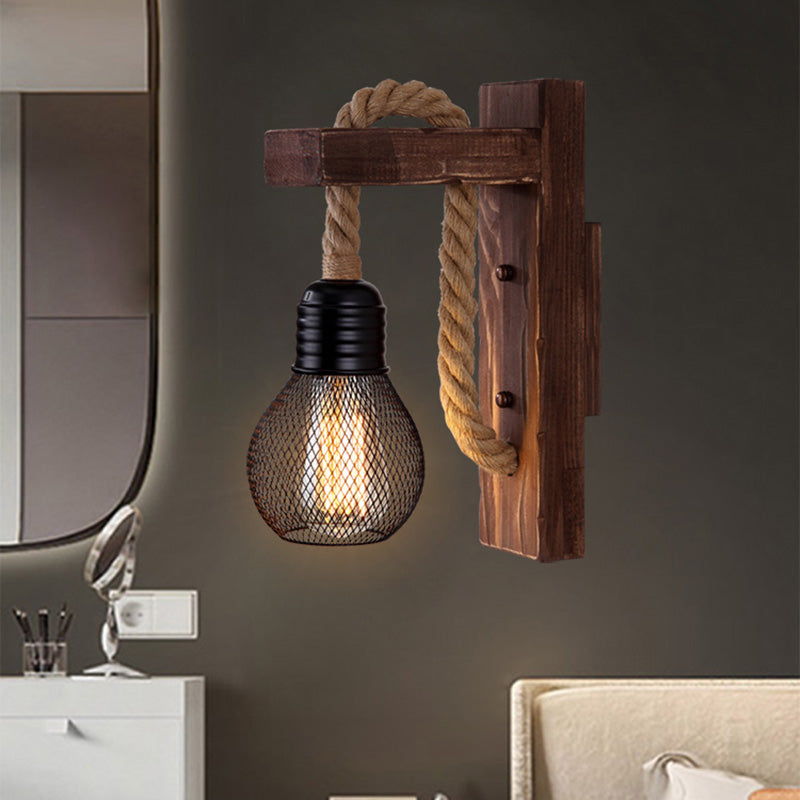 BowLift | Wooden L-shaped Wall Support Lantern Farmhouse 1 Lamp Bedroom Wall Lamp with Rope Arm