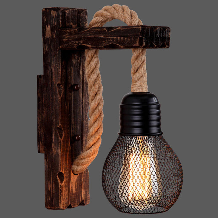 BowLift | Wooden L-shaped Wall Support Lantern Farmhouse 1 Lamp Bedroom Wall Lamp with Rope Arm