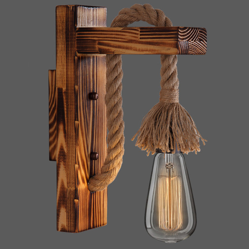 BowLift | Wooden L-shaped Wall Support Lantern Farmhouse 1 Lamp Bedroom Wall Lamp with Rope Arm