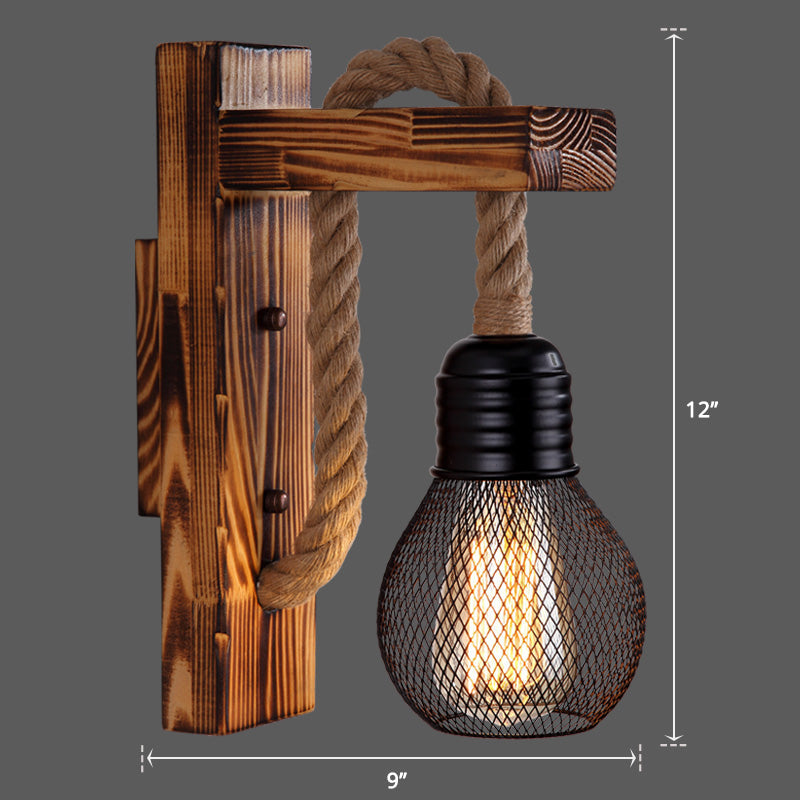 BowLift | Wooden L-shaped Wall Support Lantern Farmhouse 1 Lamp Bedroom Wall Lamp with Rope Arm