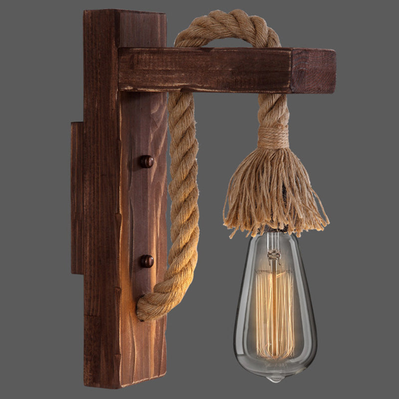 BowLift | Wooden L-shaped Wall Support Lantern Farmhouse 1 Lamp Bedroom Wall Lamp with Rope Arm