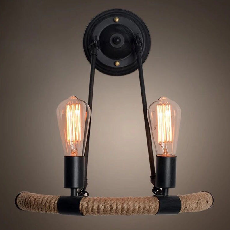 BowLift | 2-Head Bow Wall Light Industrial Design Black Hemp Rope Wall Lighting Fixture for Restaurant