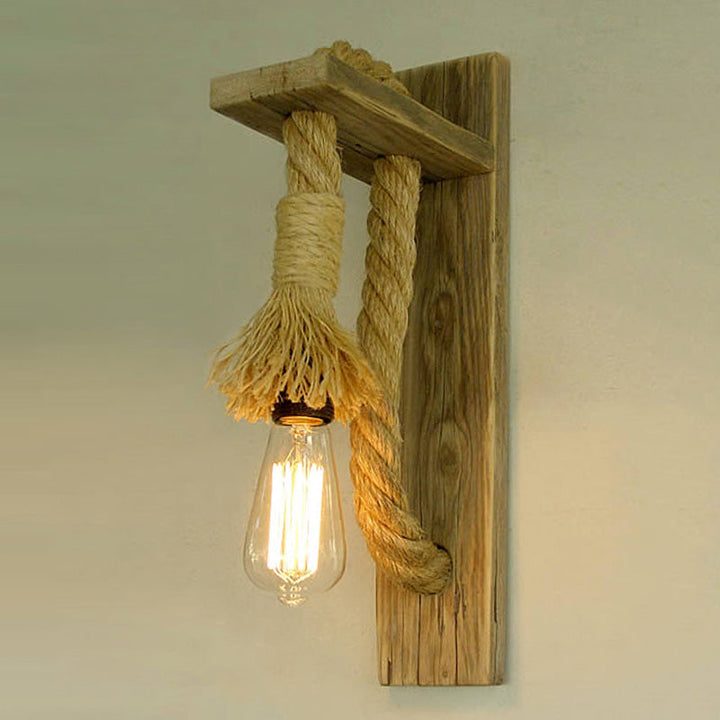 BowLift | Single Bulb Wall Light Rustic Open Bulb Rope Wall Light with Wood Holder