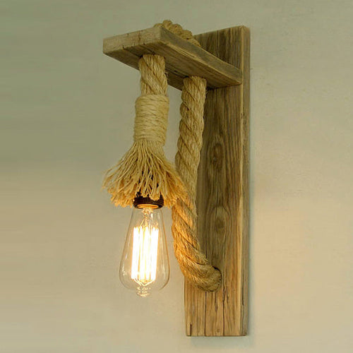 BowLift | Single Bulb Wall Light Rustic Open Bulb Rope Wall Light with Wood Holder