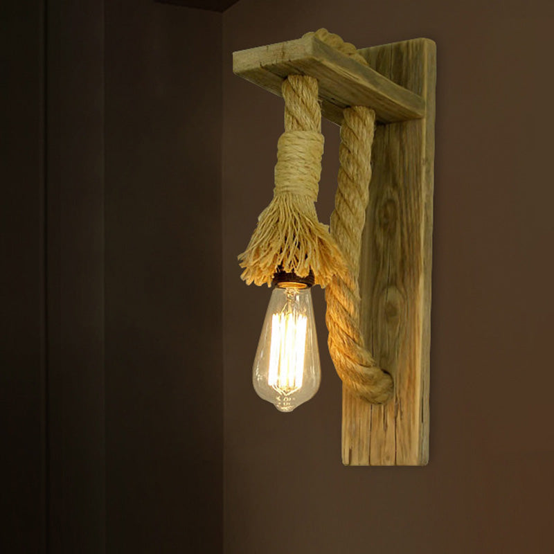 BowLift | Single Bulb Wall Light Rustic Open Bulb Rope Wall Light with Wood Holder