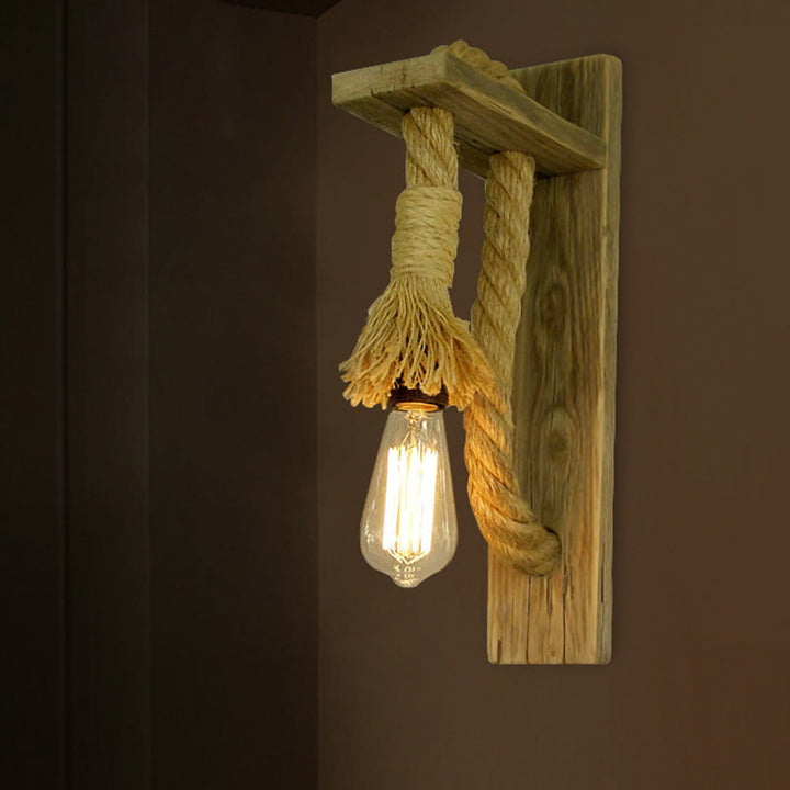 BowLift | Single Bulb Wall Light Rustic Open Bulb Rope Wall Light with Wood Holder