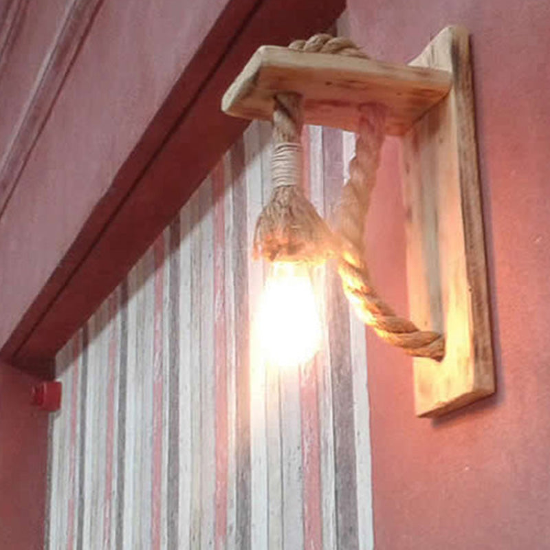 BowLift | Single Bulb Wall Light Rustic Open Bulb Rope Wall Light with Wood Holder