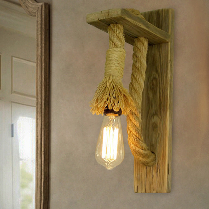 BowLift | Single Bulb Wall Light Rustic Open Bulb Rope Wall Light with Wood Holder