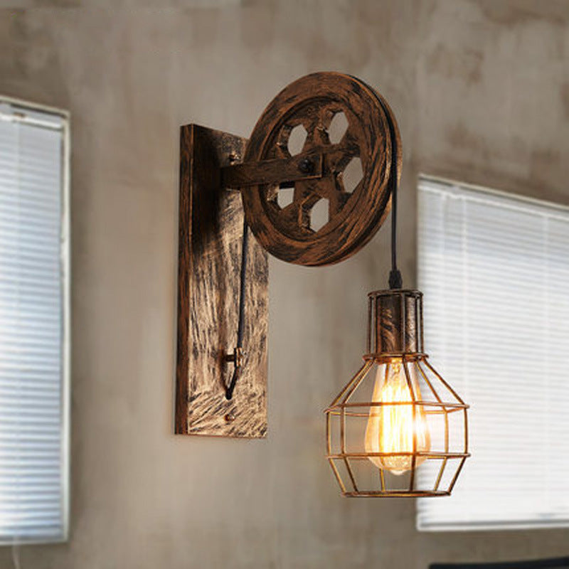 BowLift | Spherical Wire Cage Foyer Wall Lamp Rustic Iron 1-Light Bedroom Wall Mount Lamp with Pulley