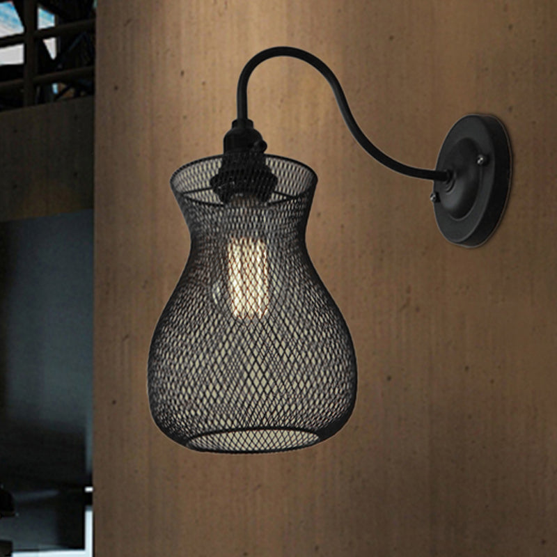 BowLift | 1 Bulb Vase Shape Wall Sconce with Mesh Shade Industrial Style Black Metal Wall Light for Hallway