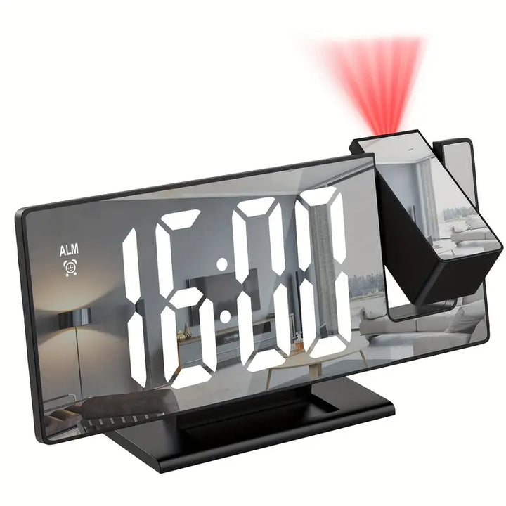 BowLift | 180° Adjustable LED Projection Alarm Clock – Snooze, 12/24H Time & Temperature Display, Mirror Design – USB Powered, Night Mode & Memory Function