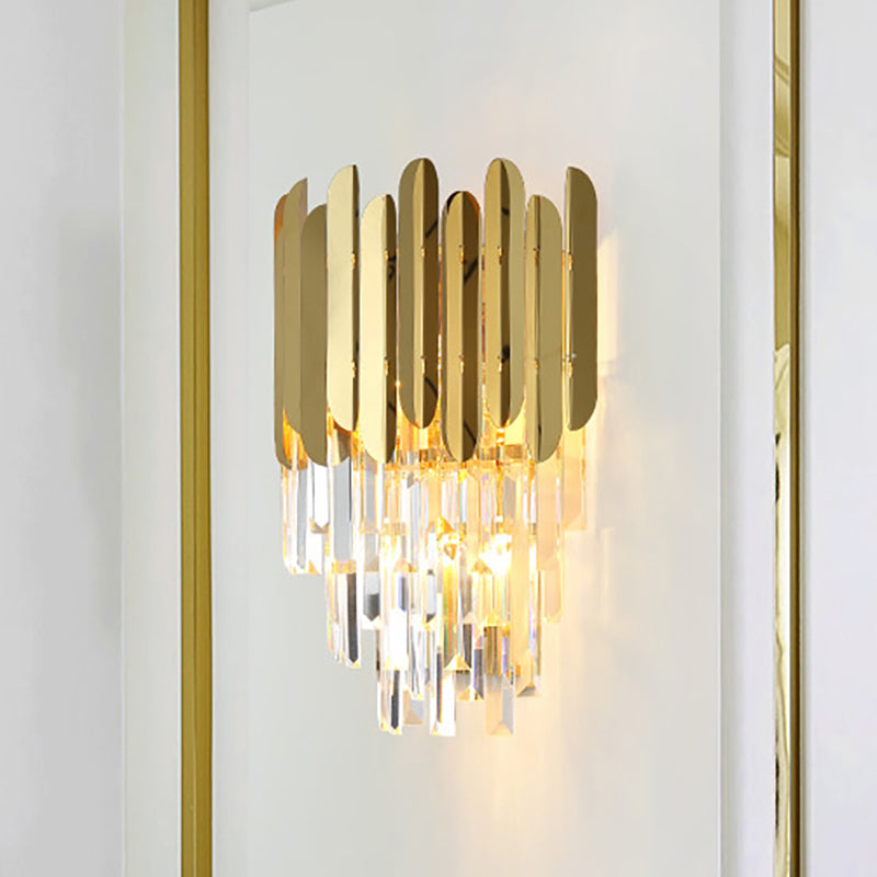 BowLift | Stacked Wall Light Modernist Metal 1 Light Brass Wall Lamp with Clear Crystal Block for Nightstand