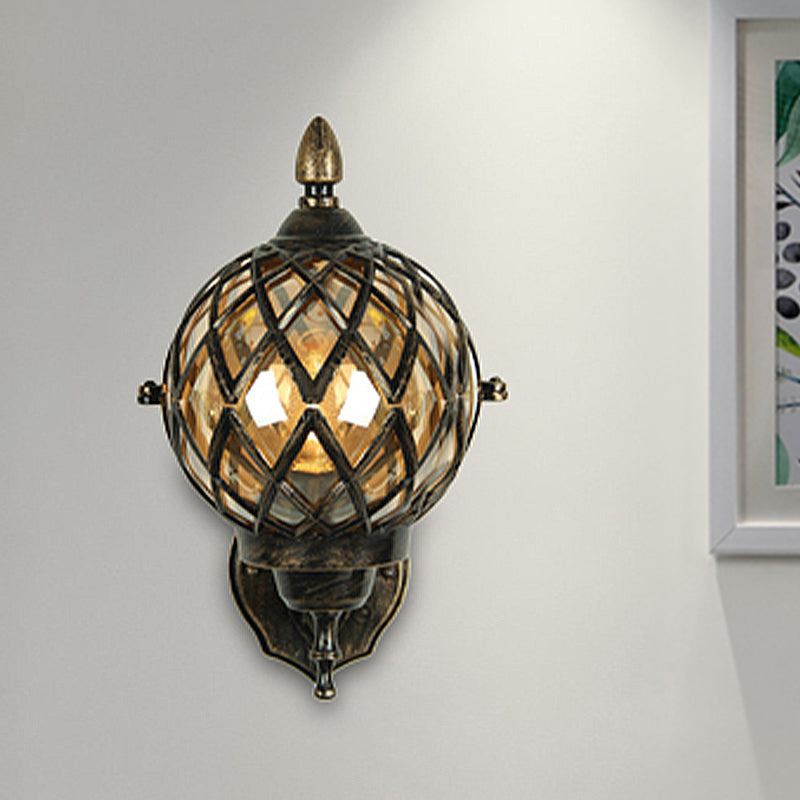BowLift | 1 Light Amber Glass Wall Lamp Light Industrial Black Ball Dining Room Lighting Fixture with Cage