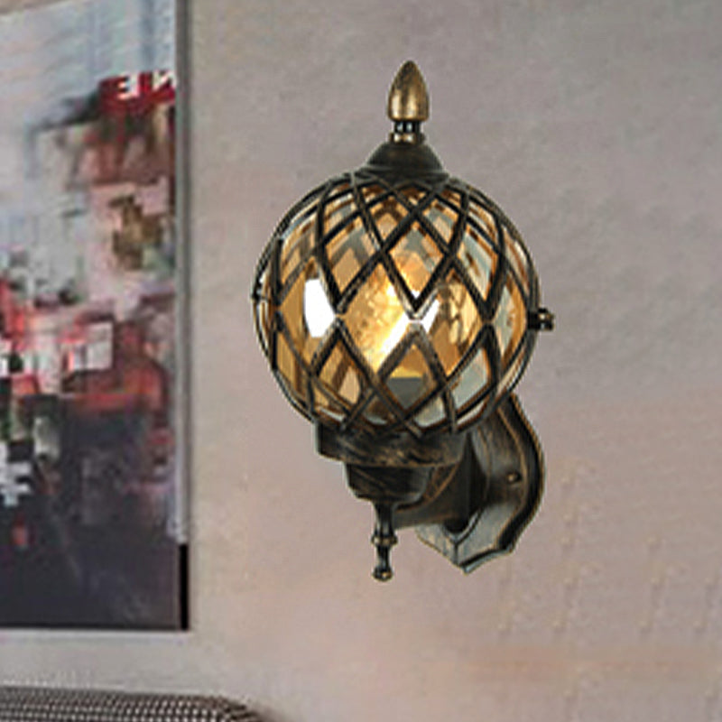 BowLift | 1 Light Amber Glass Wall Lamp Light Industrial Black Ball Dining Room Lighting Fixture with Cage