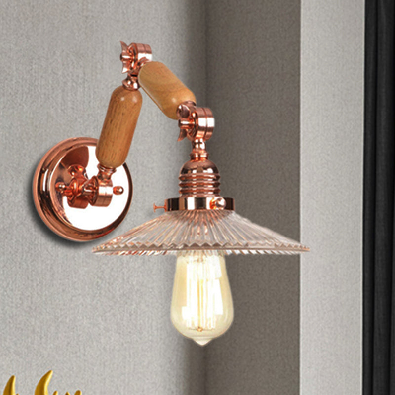 BowLift | A wall light with a light bulb and conical shade made of clear prismatic glass, industrial wall lamp for the living room with curved arm