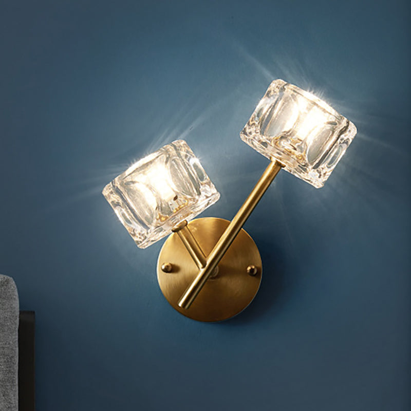 BowLift | 1/2-Light Bedroom Wall Lighting Contemporary Style Brass Finish with Square Clear Crystal Shade