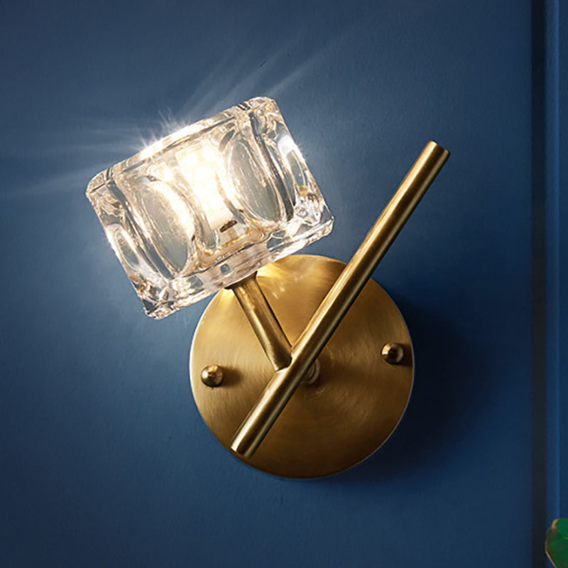 BowLift | 1/2-Light Bedroom Wall Lighting Contemporary Style Brass Finish with Square Clear Crystal Shade