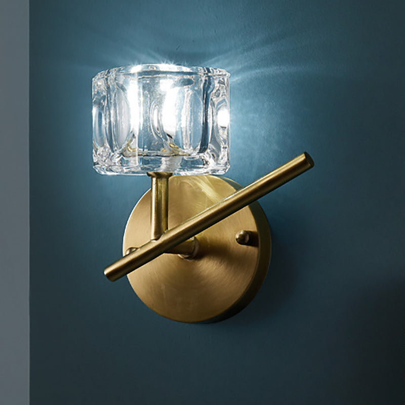 BowLift | 1/2-Light Bedroom Wall Lighting Contemporary Style Brass Finish with Square Clear Crystal Shade