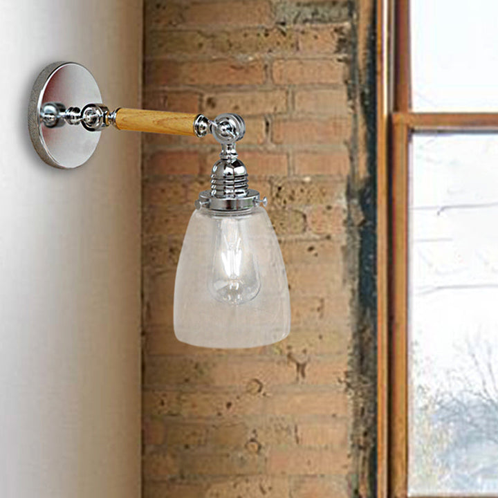 BowLift | Single-layer wall lamp with dome shade clear glass industrial living room light, 8"/4"/6" L wood arm