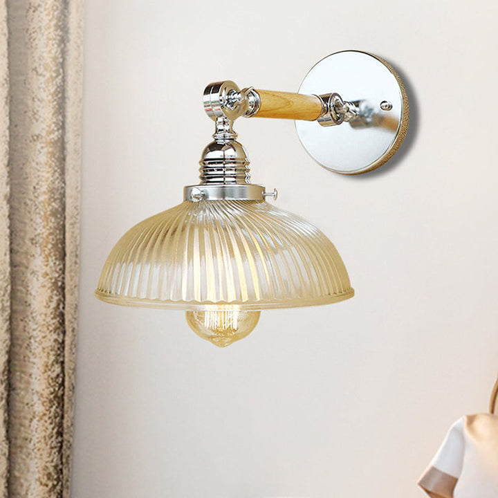 BowLift | Curved Living Room Wall Light Fixture Antique Stylish Ribbed Glass 1 Light Clear Wall Lamp for Hallway, 8"/4"/6" L Wooden Arm