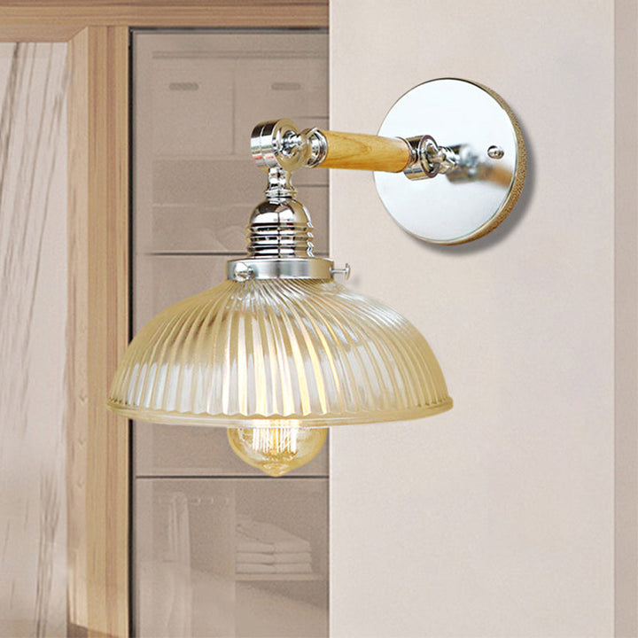 BowLift | Curved Living Room Wall Light Fixture Antique Stylish Ribbed Glass 1 Light Clear Wall Lamp for Hallway, 8"/4"/6" L Wooden Arm